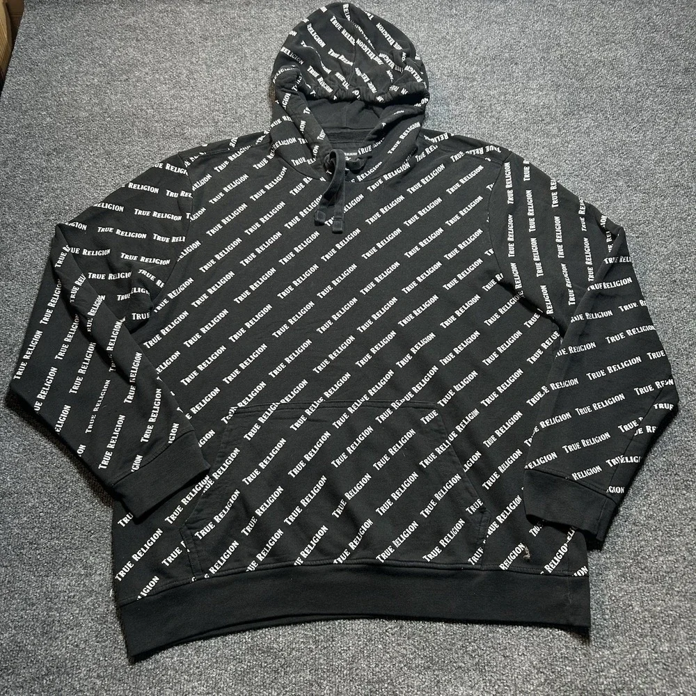 True Religion Mens 2XL Hoodie Black White All Over Logo Pullover